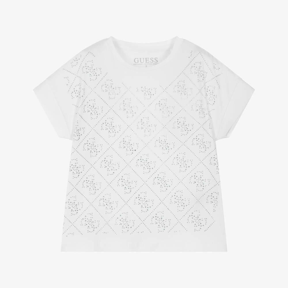 Guess-Junior Girls White 4G Rhinestone Logo T-Shirt | Childrensalon Outlet