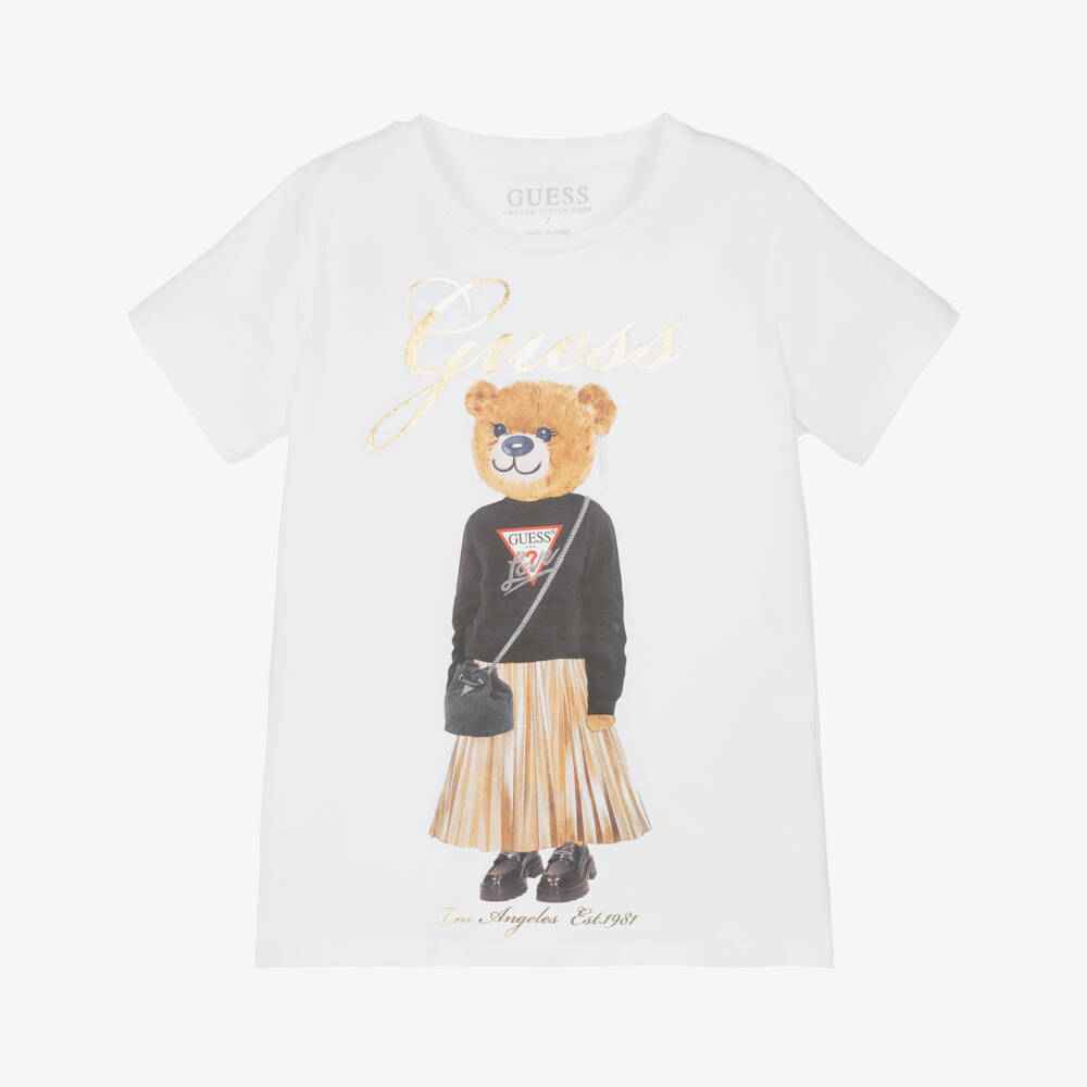 Guess-Junior Girls White Cotton Bear Print T-Shirt | Childrensalon Outlet