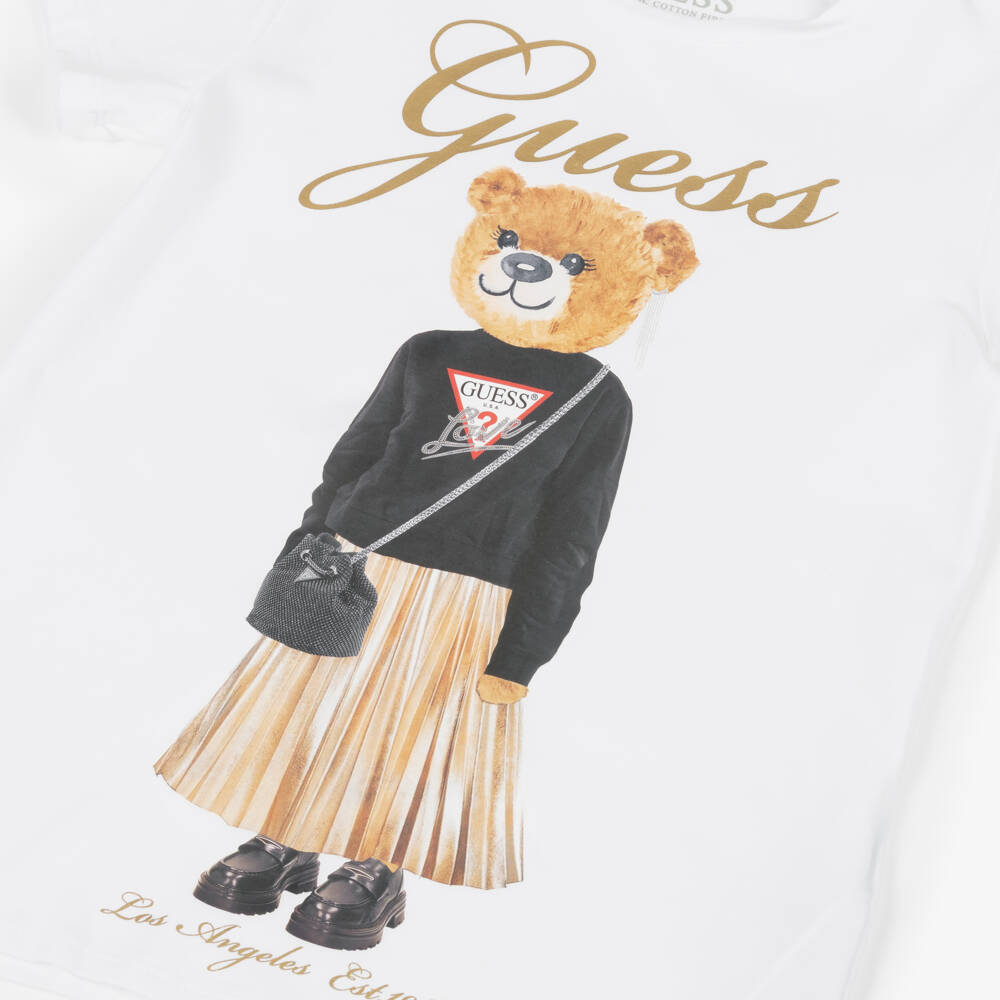 Guess-Junior Girls White Cotton Bear Print T-Shirt | Childrensalon Outlet