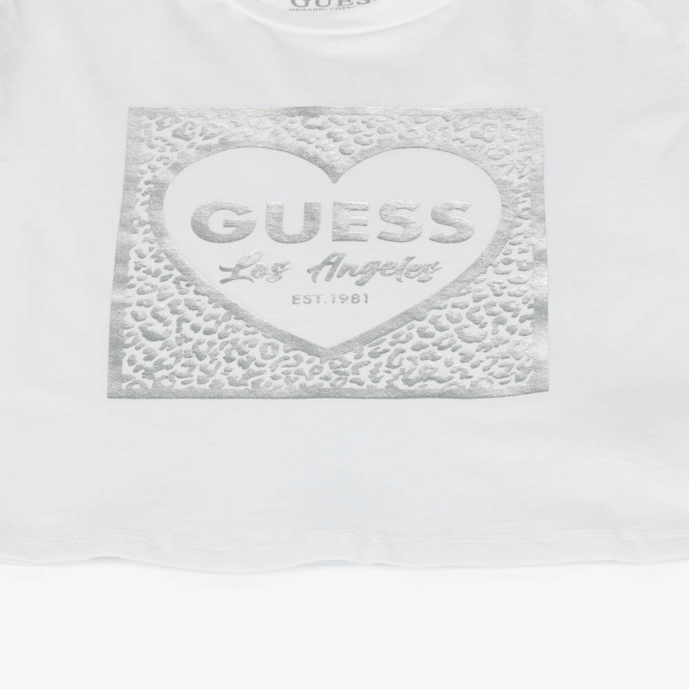 Guess-Junior Girls White Cotton T-Shirt with Metallic Silver Logo | Childrensalon Outlet