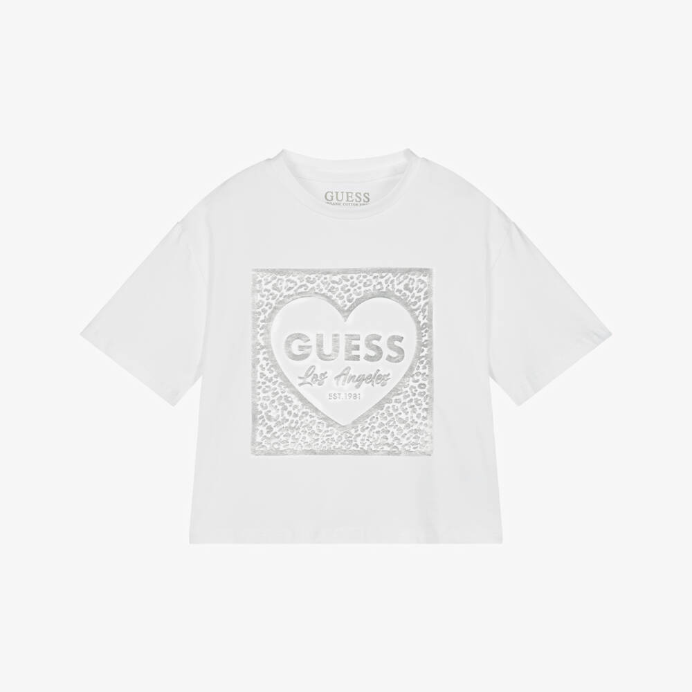 Guess-Junior Girls White Cotton T-Shirt with Metallic Silver Logo | Childrensalon Outlet