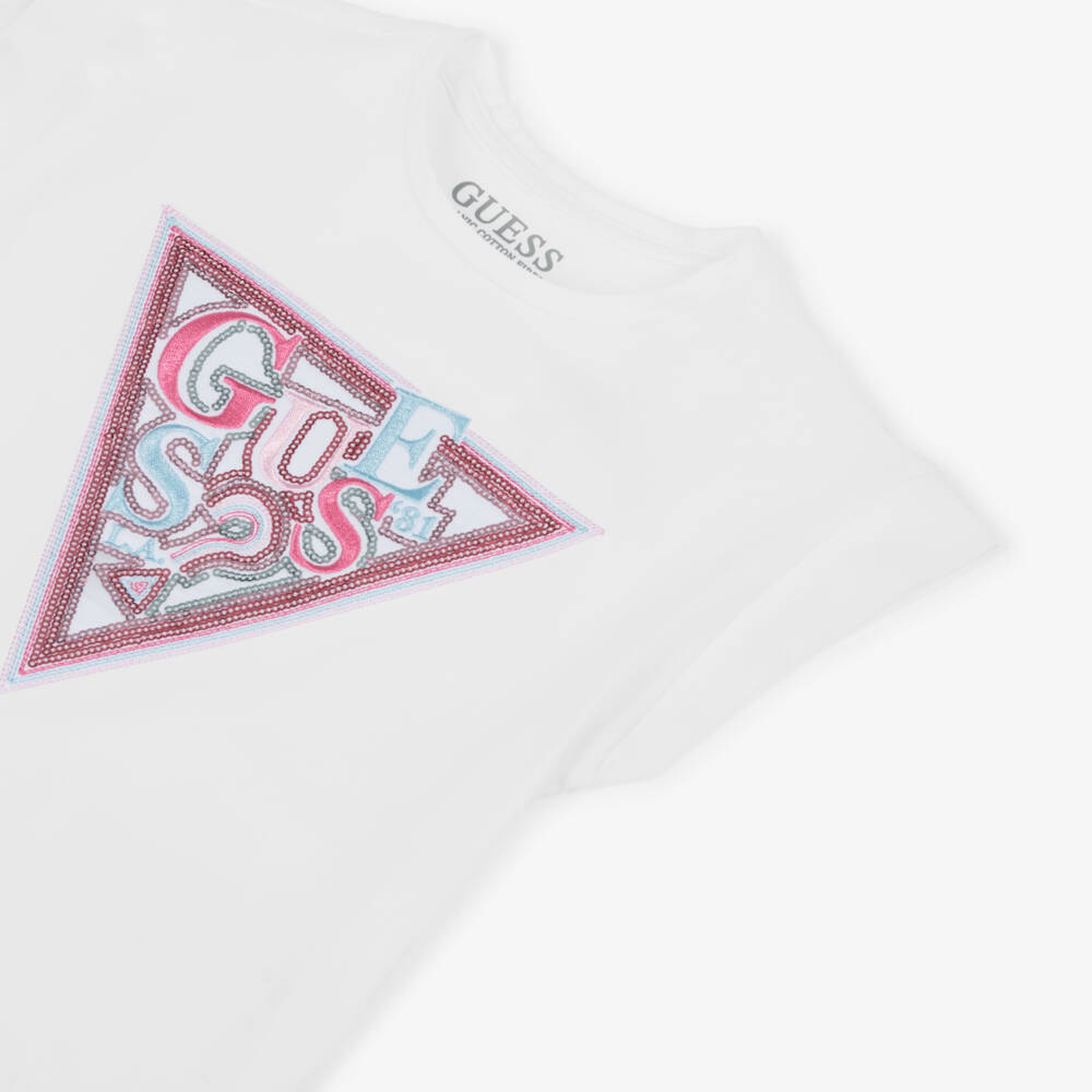 Guess-Junior Girls White Cotton T-Shirt with Sequin Triangle Logo | Childrensalon Outlet