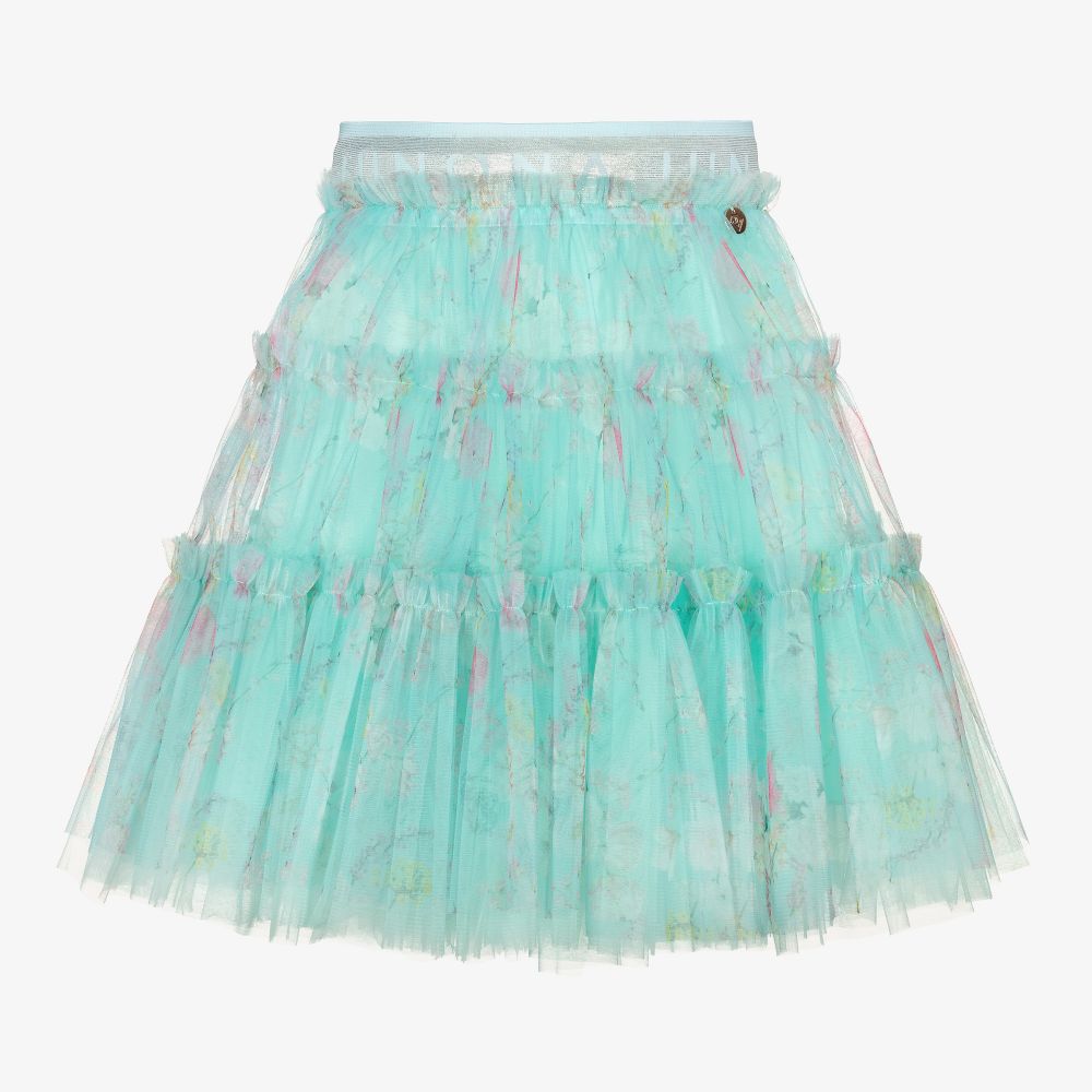 Junona-Aqua Blue Floral Tulle Skirt | Childrensalon Outlet