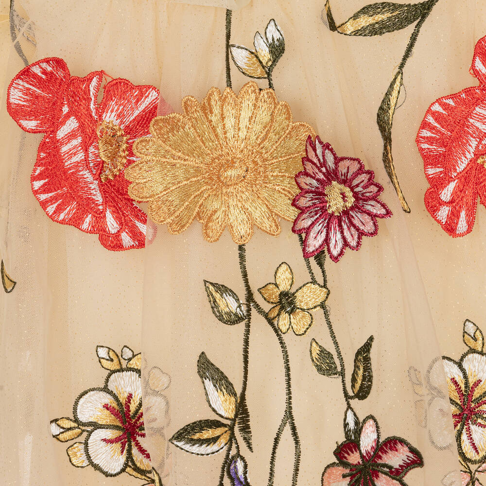 Junona-Baby Girls Beige Floral Tulle Dress | Childrensalon Outlet