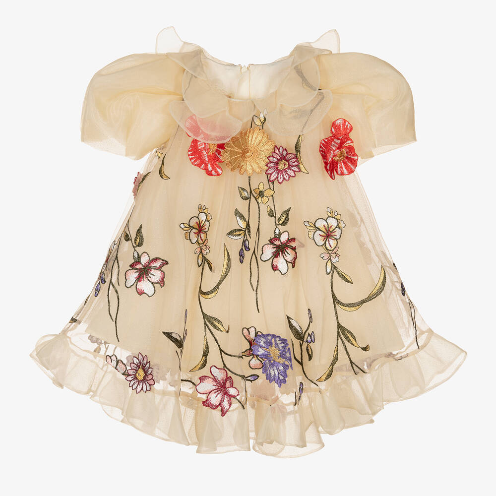 Junona-Baby Girls Beige Floral Tulle Dress | Childrensalon Outlet