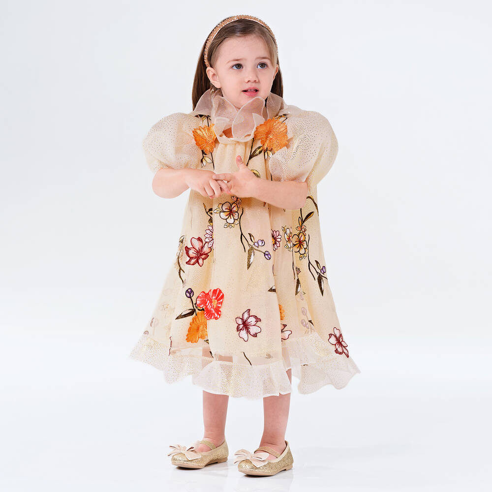 Junona-Baby Girls Beige Floral Tulle Dress | Childrensalon Outlet