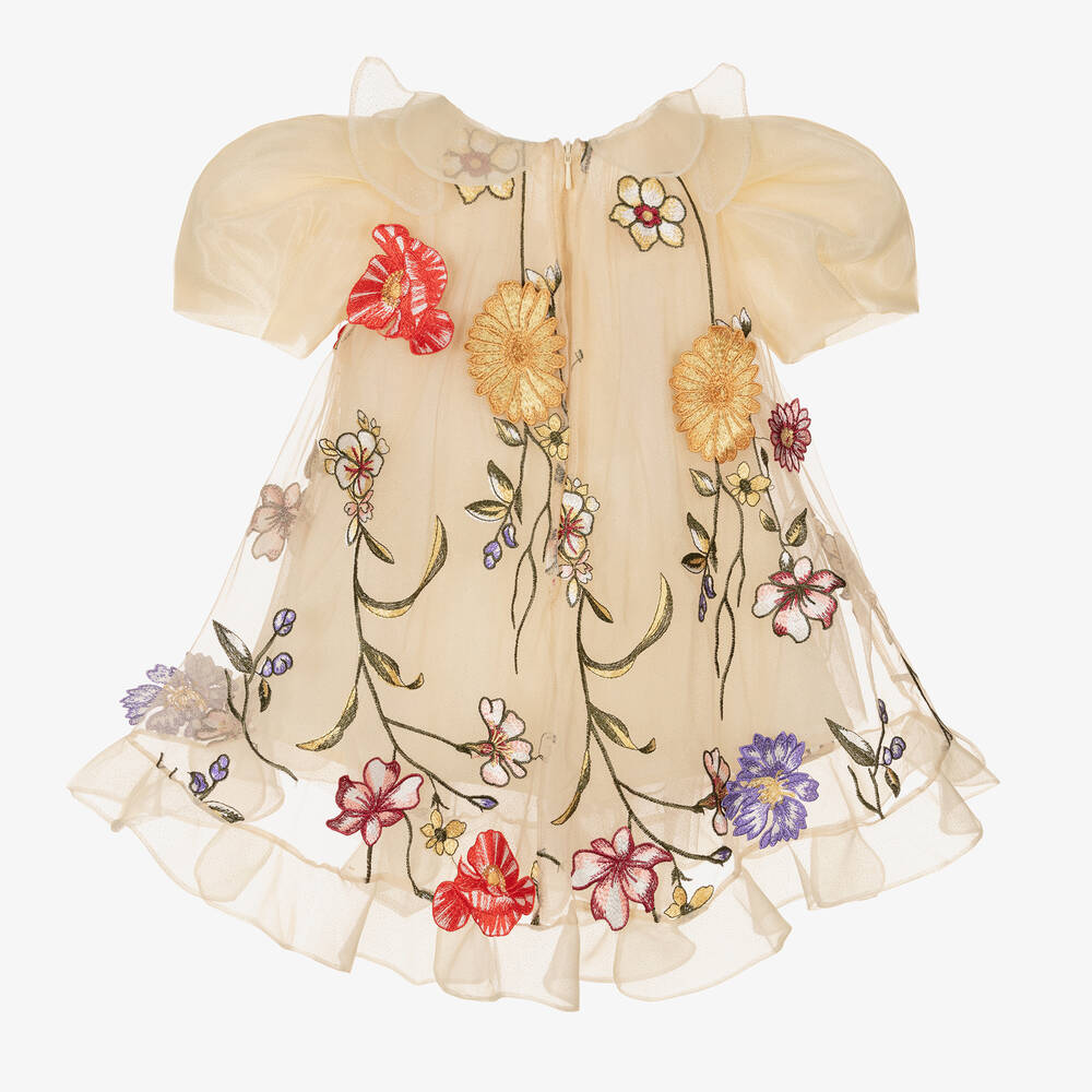 Junona-Baby Girls Beige Floral Tulle Dress | Childrensalon Outlet