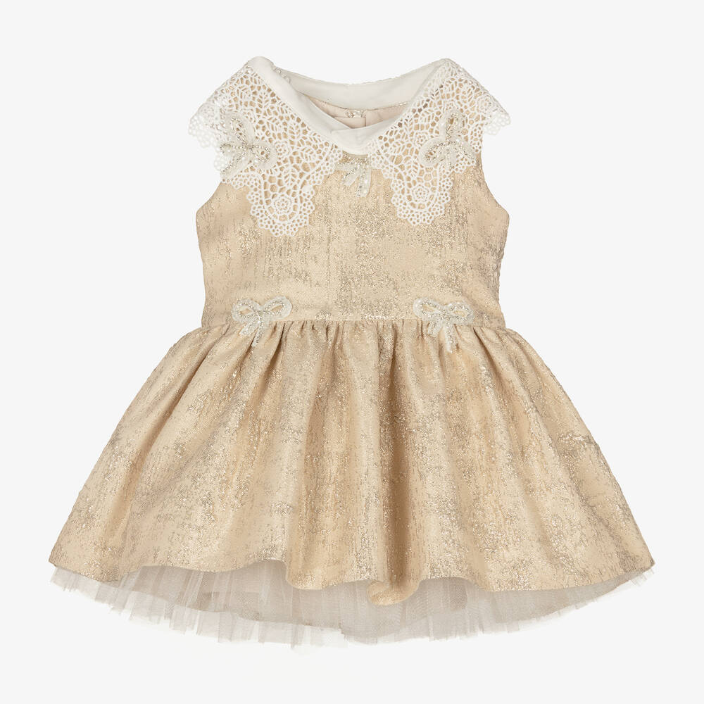 Junona - Baby Girls Gold Jacquard & Lace Collar Dress | Childrensalon
