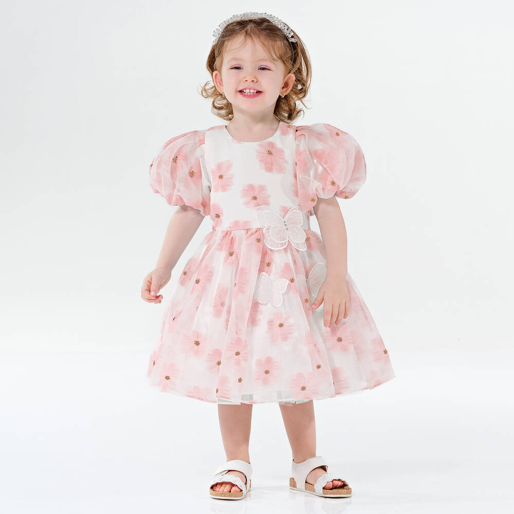 Junona-فستان أورغانزا لون عاجي بطبعة ورود | Childrensalon Outlet