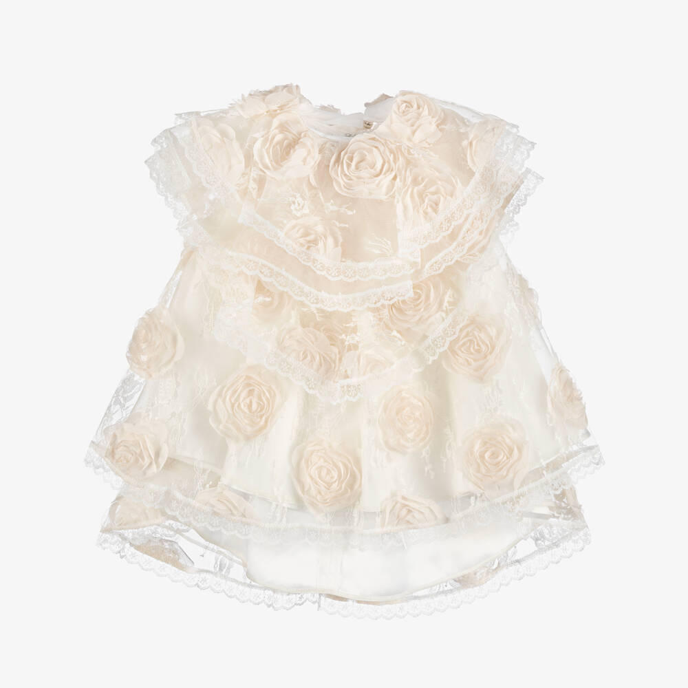 Junona-Baby Girls Ivory Flower Lace Dress with Tiered Collar | Childrensalon Outlet