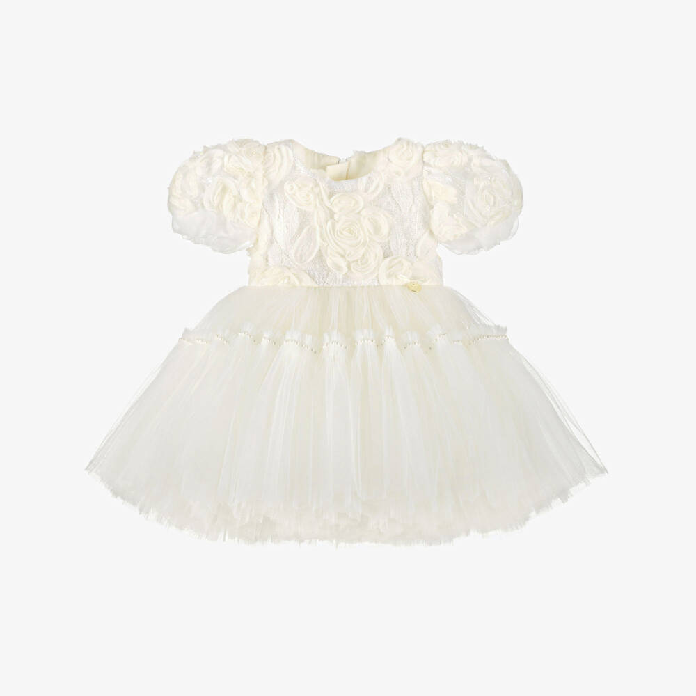 Junona-Baby Girls Ivory Tulle Dress with Rose Appliqués | Childrensalon Outlet