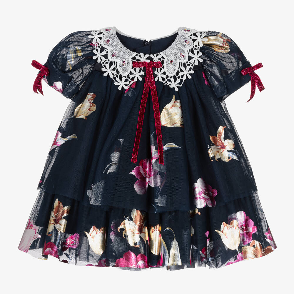 Junona - Baby Girls Navy Blue Floral Tulle Dress | Childrensalon