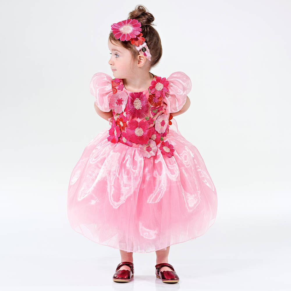 Junona-Baby Girls Pink Floral Organza Dress | Childrensalon Outlet