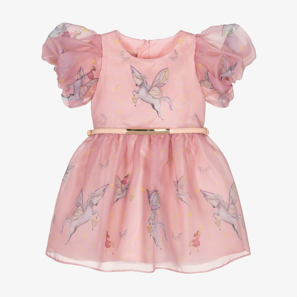 Junona - Robe rose en organza à licornes | Childrensalon