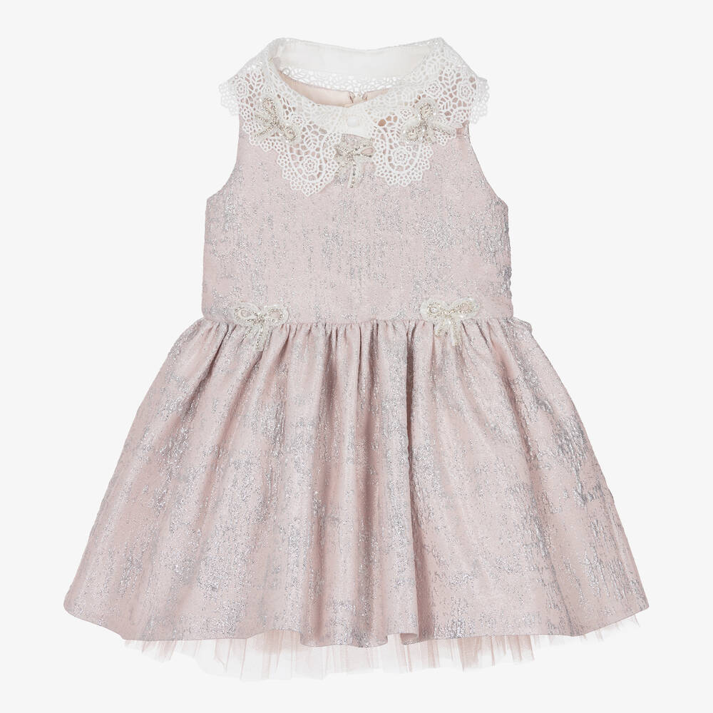 Junona - Baby Girls Pink & Silver Jacquard Bow Dress | Childrensalon