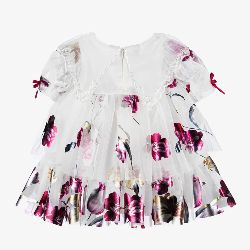 Junona-Baby Girls White Floral Tulle Dress | Childrensalon Outlet