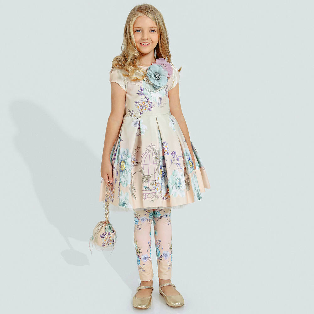Junona-Beige & Blue Floral Dress | Childrensalon Outlet