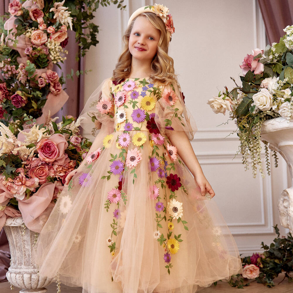 Junona-Beige Girls Dress with Floral Embroidery | Childrensalon Outlet
