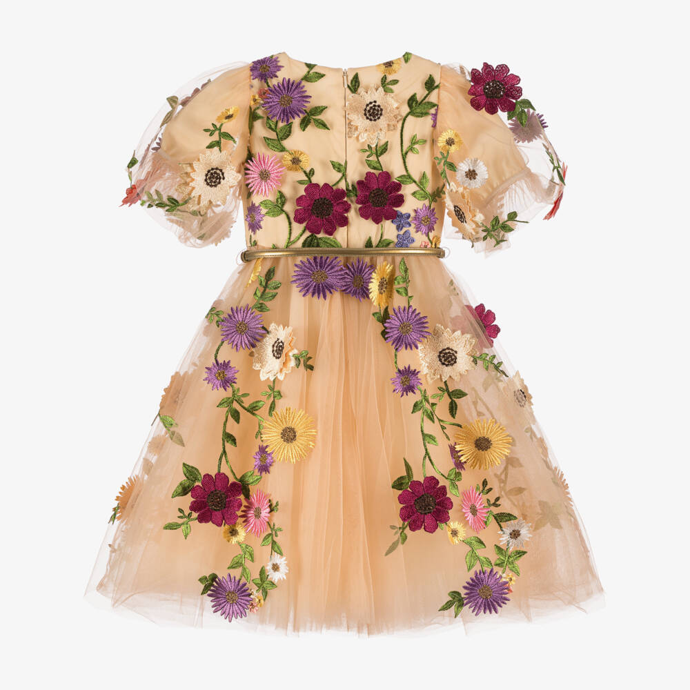 Junona-Beige Girls Dress with Floral Embroidery | Childrensalon Outlet