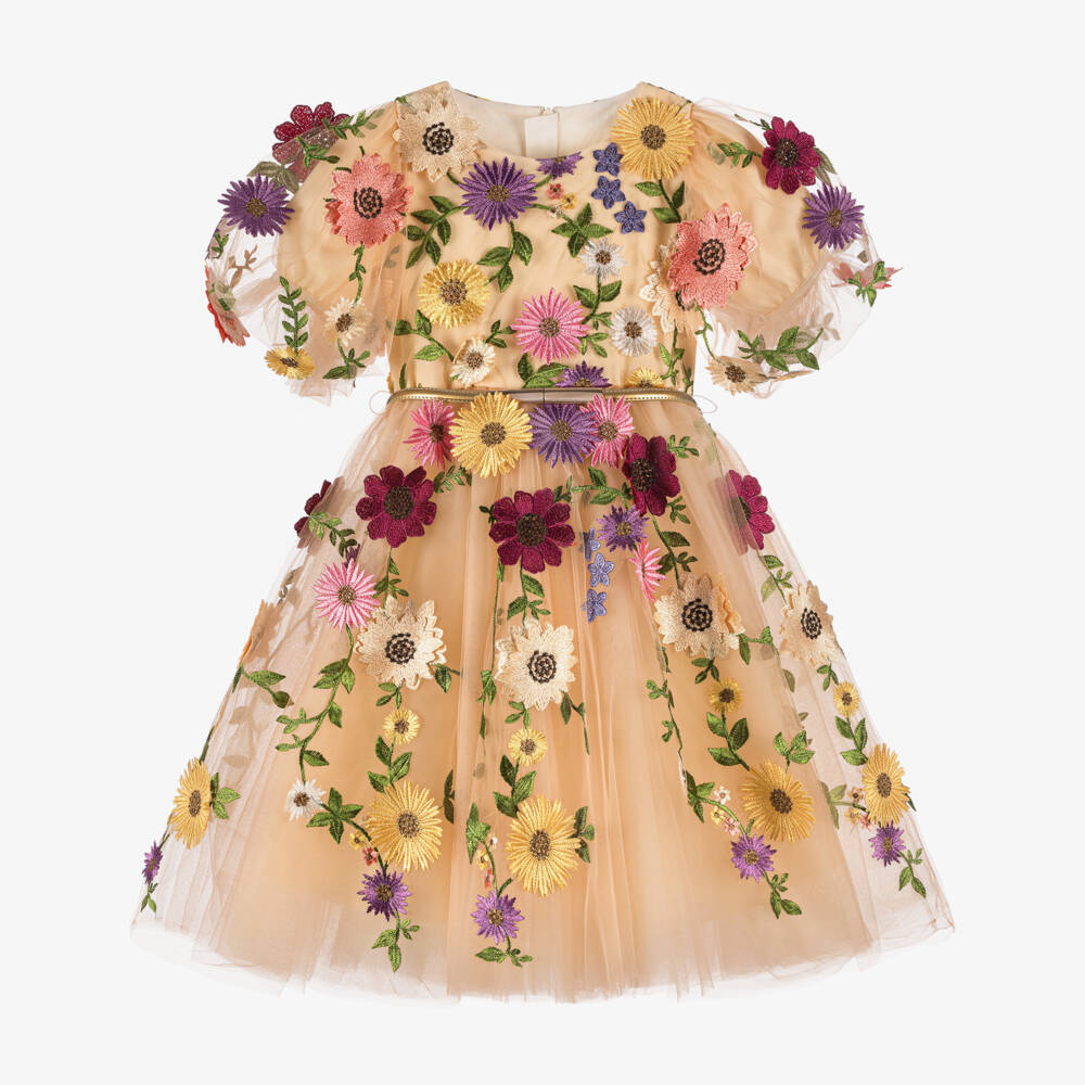 Junona-Beige Girls Dress with Floral Embroidery | Childrensalon Outlet