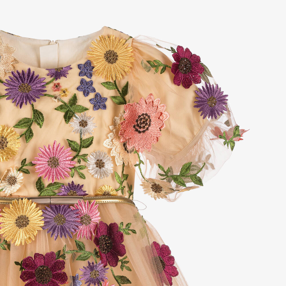 Junona-Beige Girls Dress with Floral Embroidery | Childrensalon Outlet