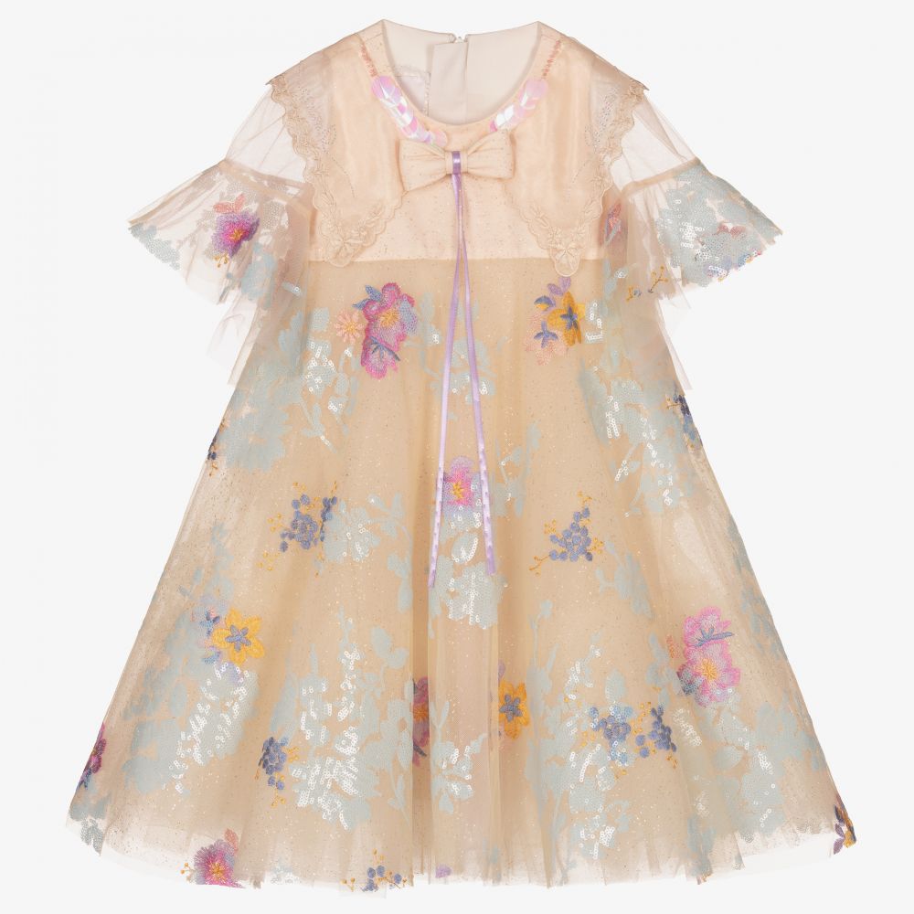 Junona - Beige Tulle Embroidered Dress | Childrensalon