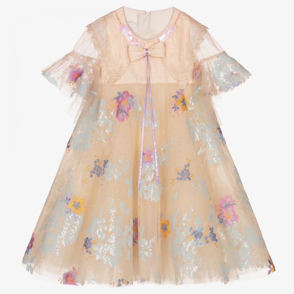 Junona - Robe beige brodée en tulle | Childrensalon