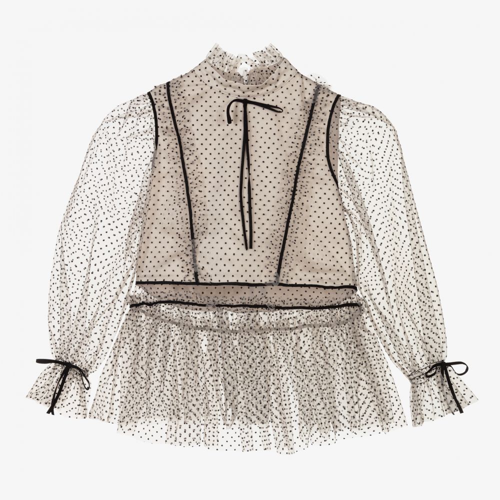 Junona - Beige Tulle Polka Dot Blouse | Childrensalon