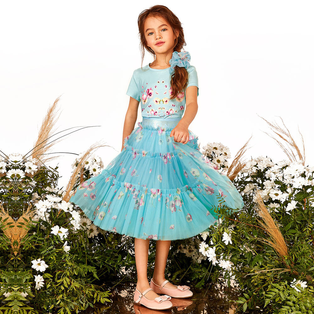 Junona-تيشيرت قطن جيرسي لون أزرق تركواز وزهري للبنات | Childrensalon Outlet