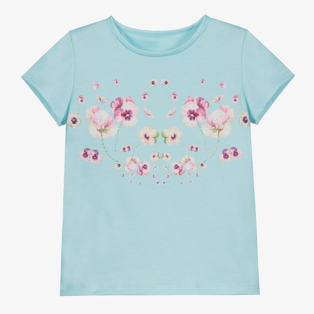 Junona - Голубая хлопковая футболка с цветочным рисунком | Childrensalon