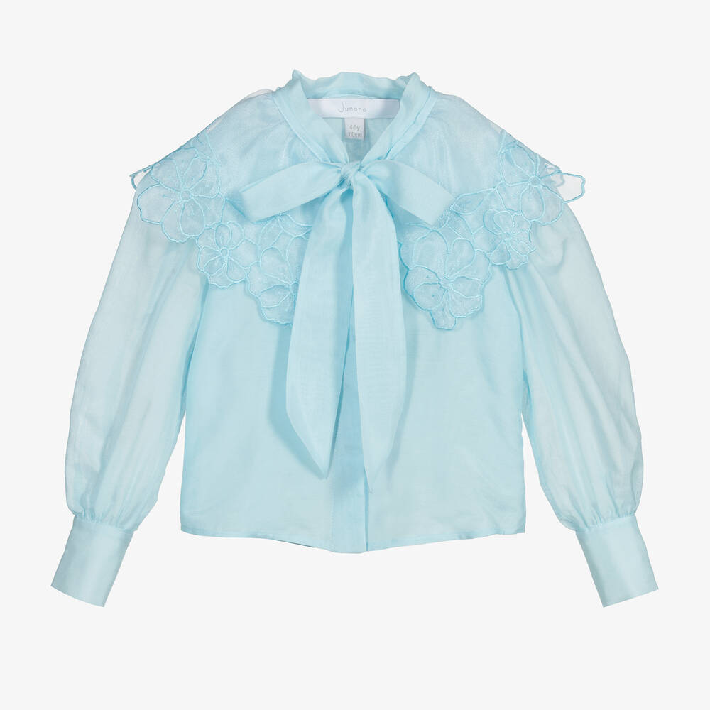 Junona - Blouse bleue en coton à col en dentelle | Childrensalon