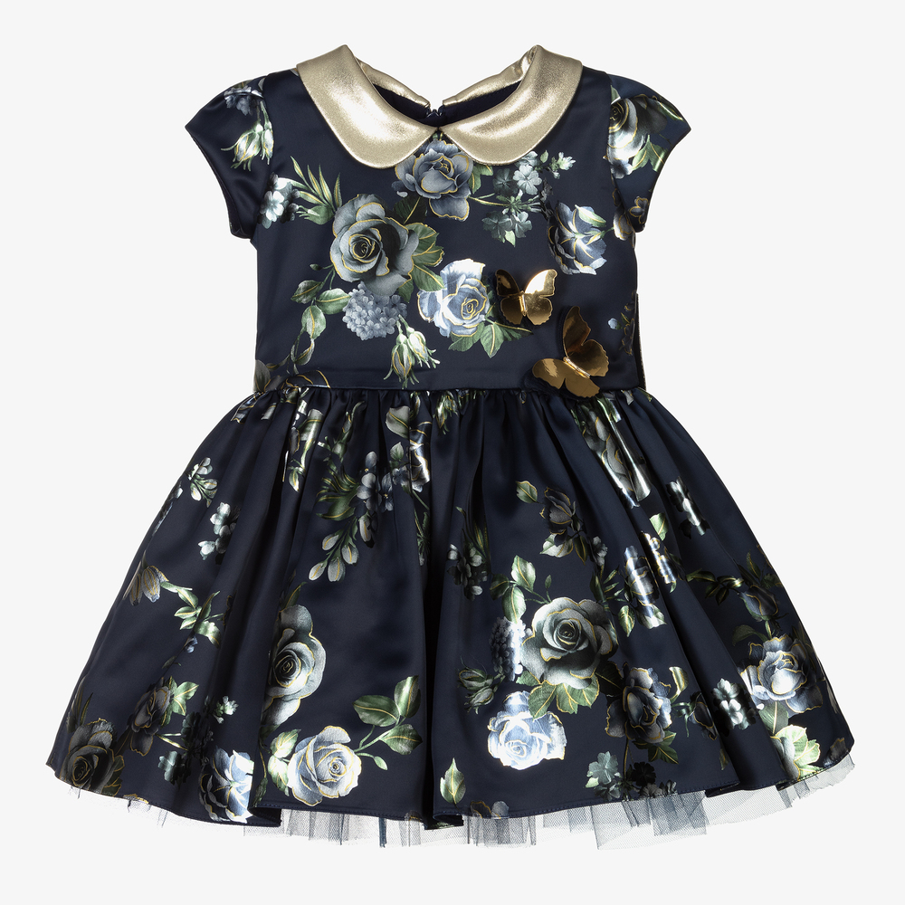 Junona - Синее платье с золотистыми цветами и бантом  | Childrensalon