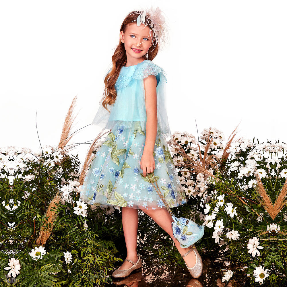 Junona-بلوز كروب تول وأورغانزا لون أزرق للبنات | Childrensalon Outlet