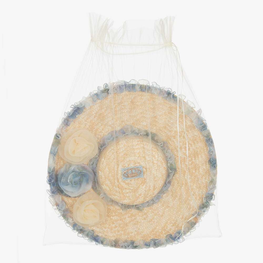 Junona-Girls Beige Chiffon & Straw Sunhat | Childrensalon Outlet