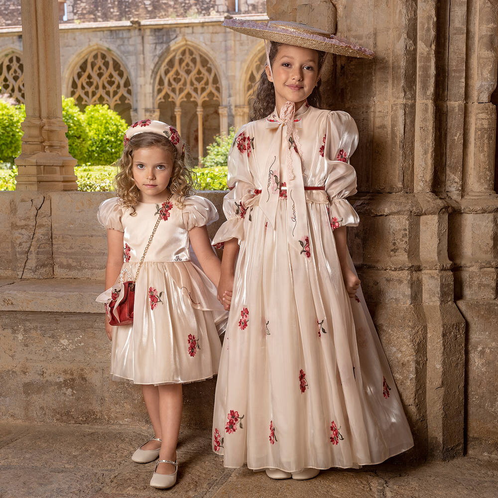 Junona-Girls Beige Embroidered Organza Dress | Childrensalon Outlet