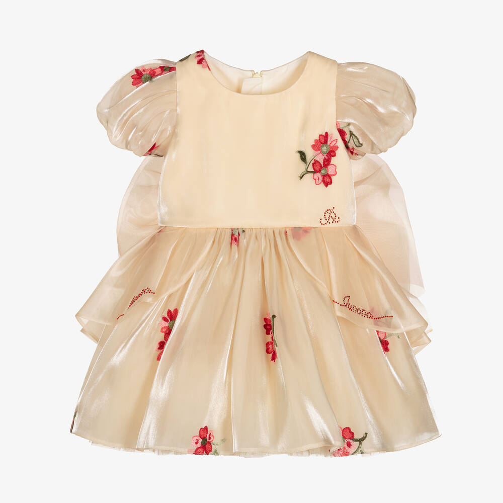 Junona-Girls Beige Embroidered Organza Dress | Childrensalon Outlet