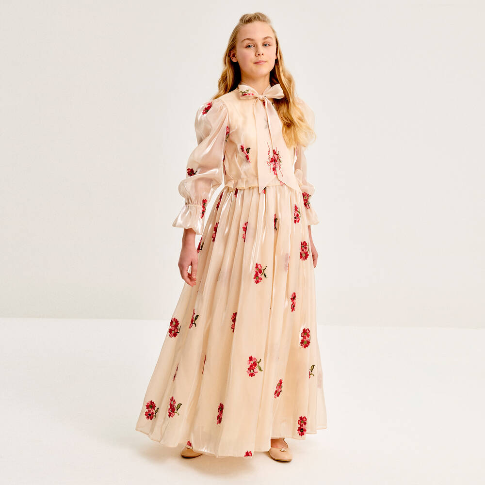 Junona-Бежевое платье макси из органзы с вышивкой | Childrensalon Outlet