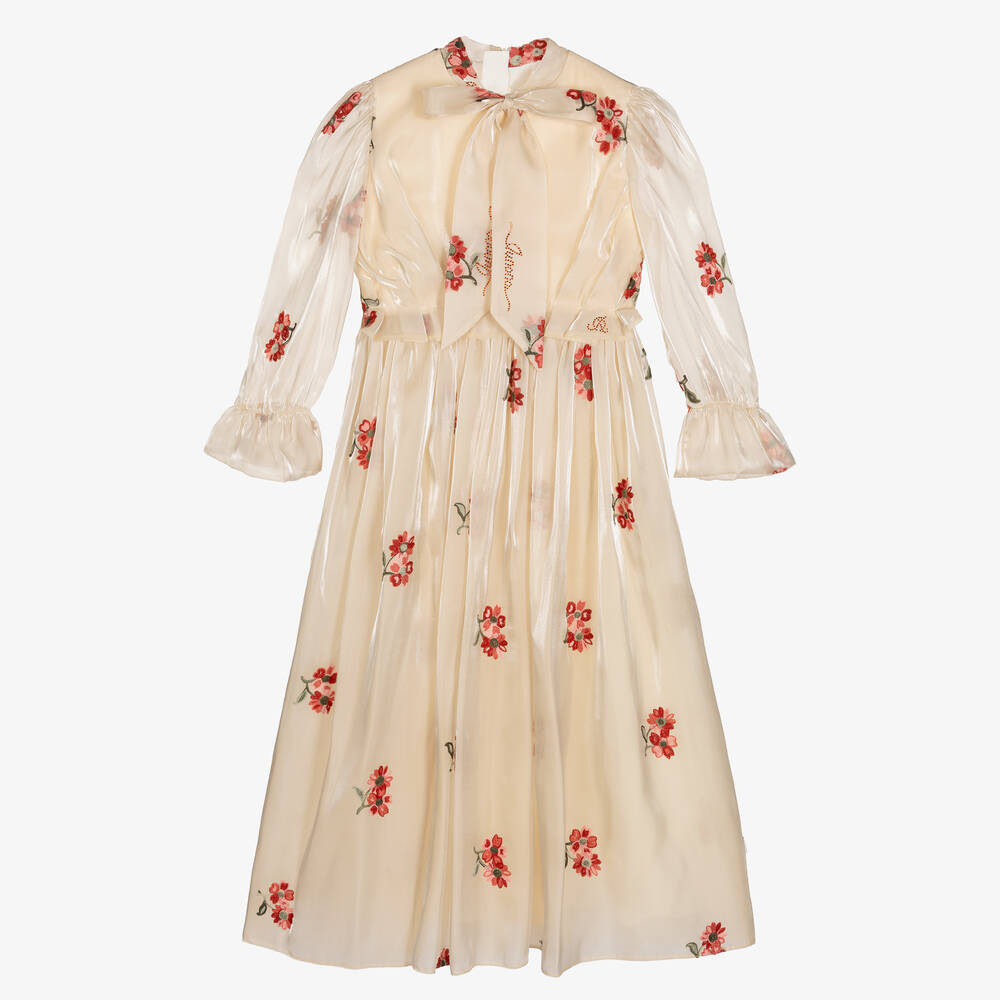 Junona - Бежевое платье макси из органзы с вышивкой | Childrensalon