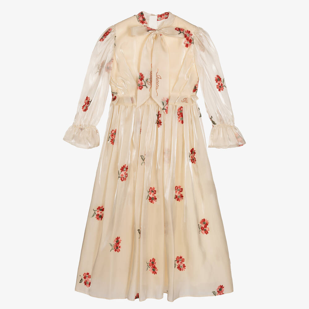 Junona-Girls Beige Embroidered Organza Maxi Dress | Childrensalon Outlet