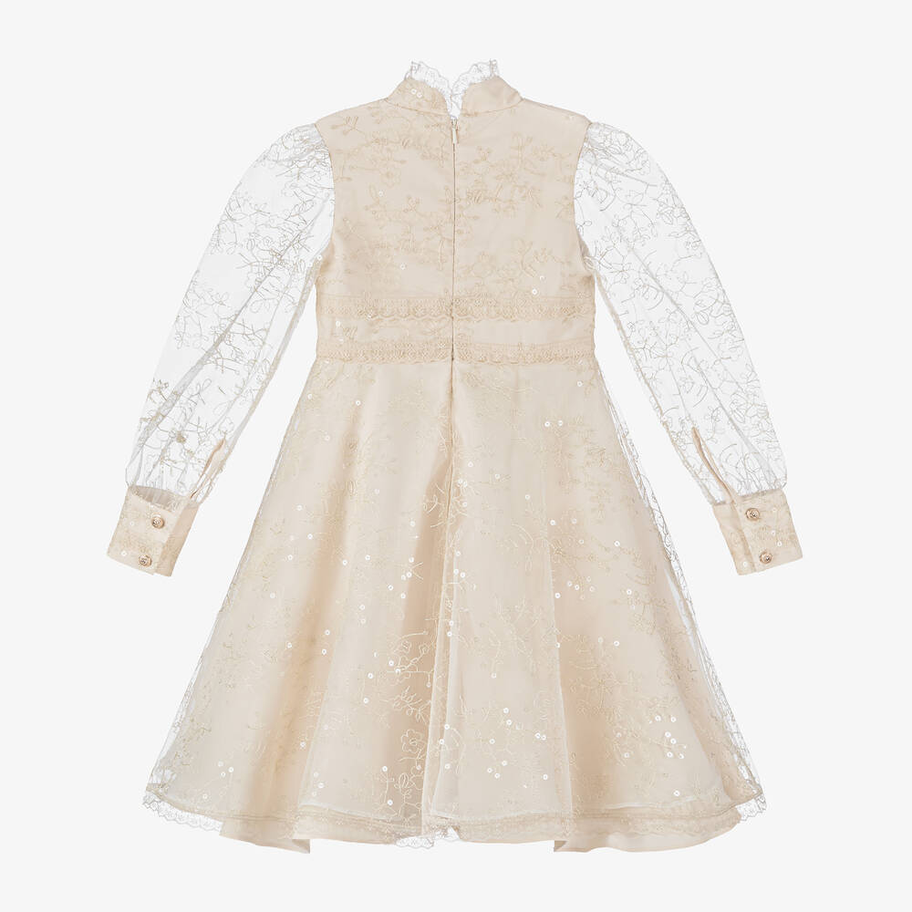 Junona-Бежевое платье из тюля с вышивкой для девочек | Childrensalon Outlet