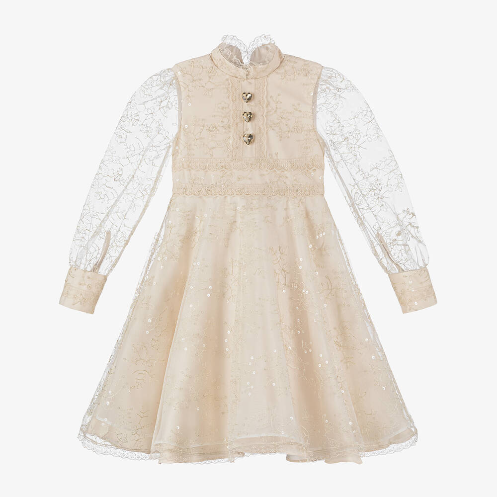 Junona-Бежевое платье из тюля с вышивкой для девочек | Childrensalon Outlet