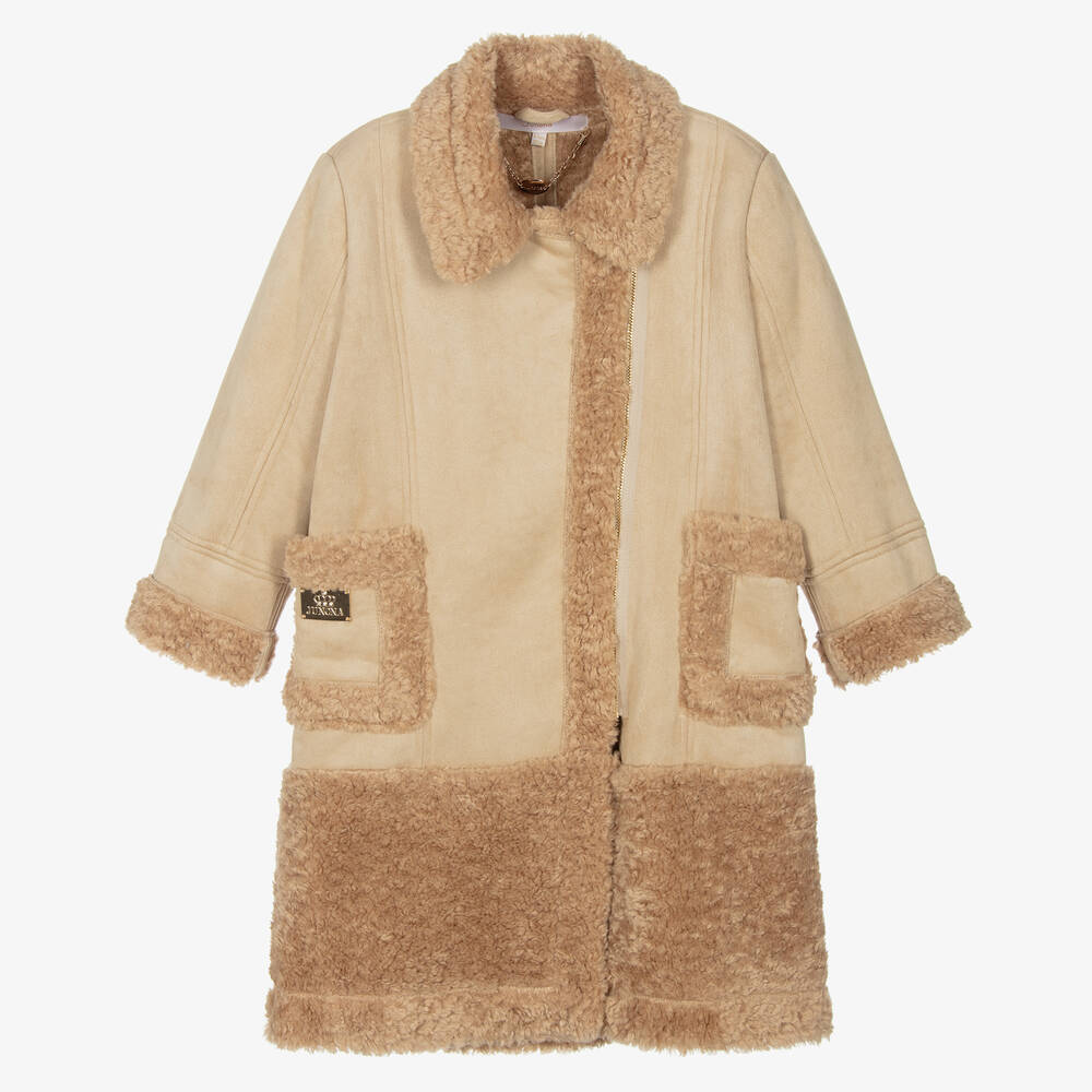 Junona - Girls Beige Faux Shearling Coat | Childrensalon