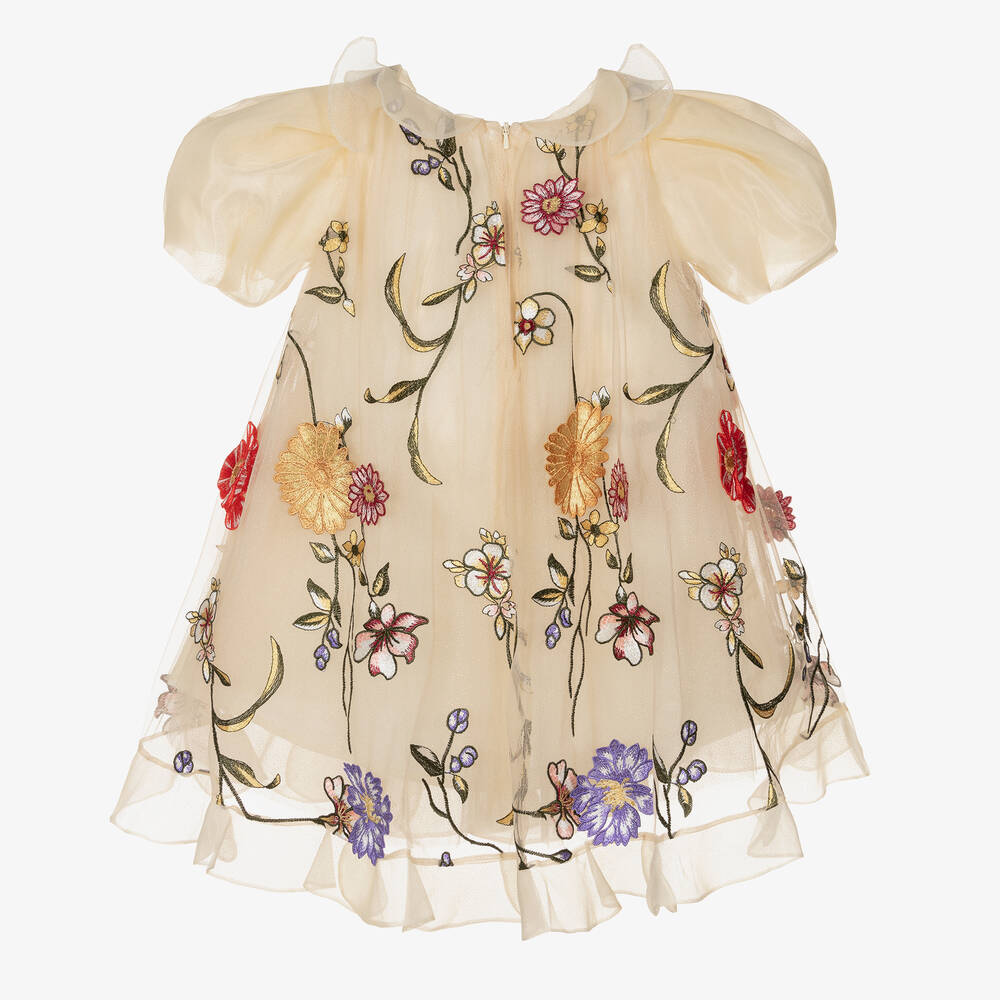 Junona-Girls Beige Floral Tulle Dress | Childrensalon Outlet