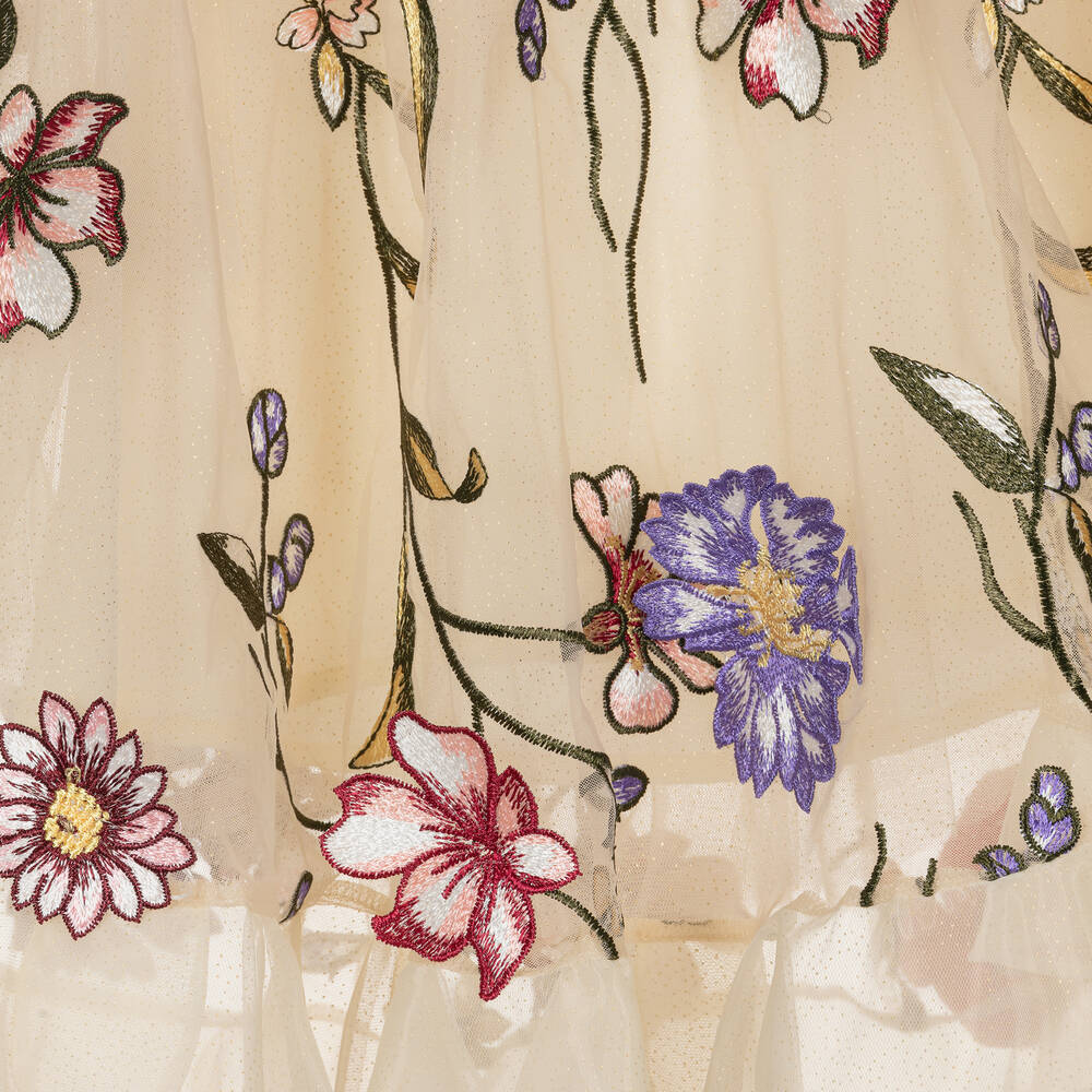 Junona-Girls Beige Floral Tulle Dress | Childrensalon Outlet