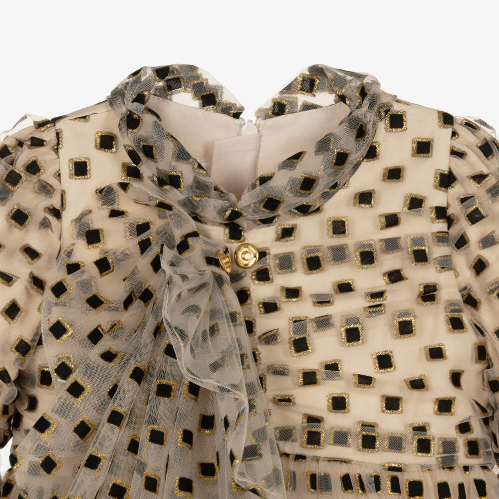 Junona-Girls Beige Geometric Tulle Dress | Childrensalon Outlet