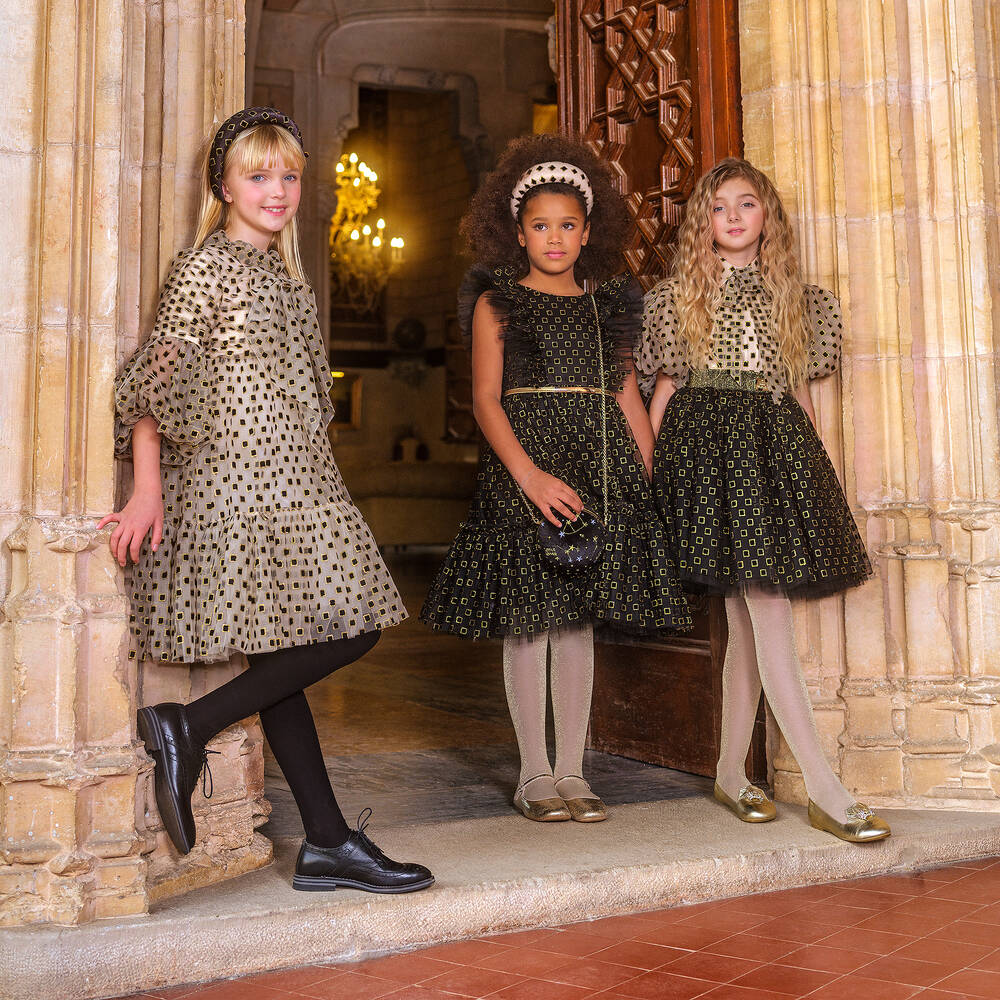 Junona Girls Beige Geometric Tulle Dress Childrensalon Outlet