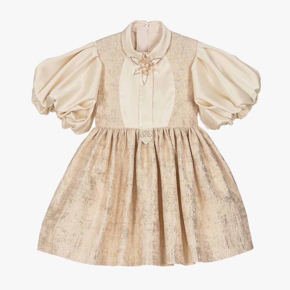 Junona - Girls Beige & Gold Jacquard Puff Sleeve Dress | Childrensalon