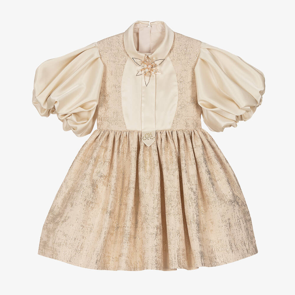 Junona - Jacquard-Puffärmelkleid beige/gold | Childrensalon