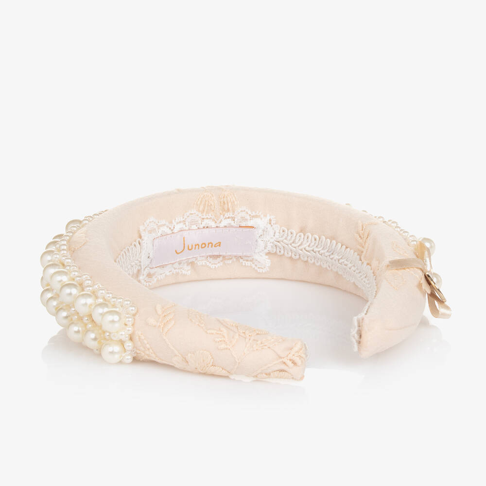 Junona-Girls Beige Pearl Padded Hairband | Childrensalon Outlet