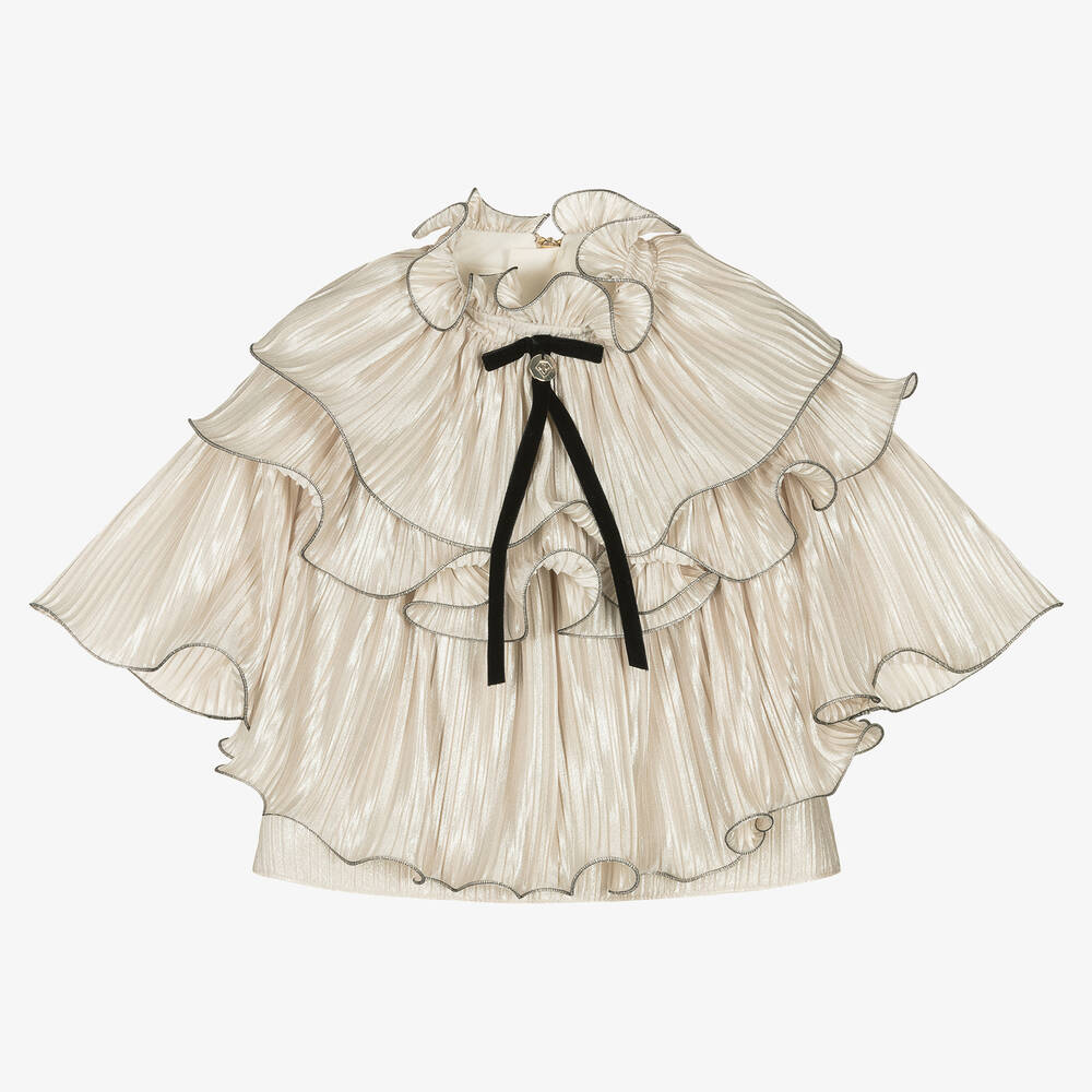 Junona - Girls Beige Plissé Ruffle Blouse | Childrensalon